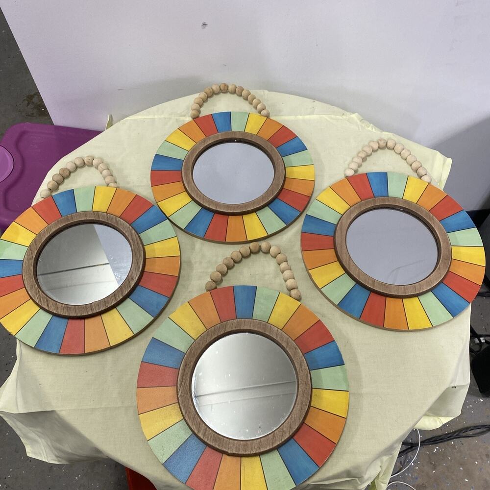 Four Wall Hangings-Center Round mirror 6" With Multicolored Hand Painted Wood